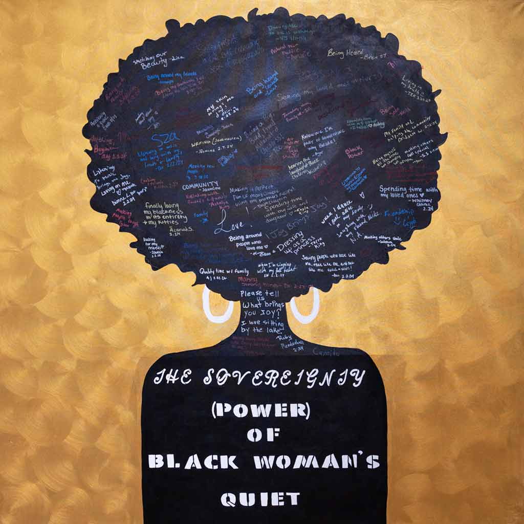 A black silhouette of a woman with colorful handwriting and the title 'The sovereignty (power) of black woman's quiet' on a golden background