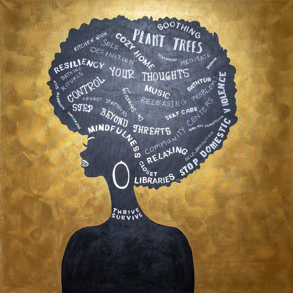 A black silhouette of a woman with white writing on a golden background