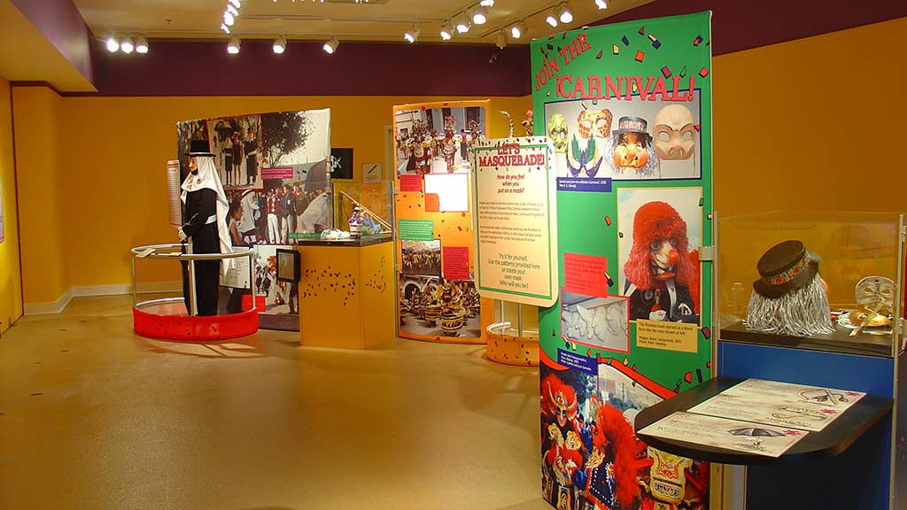 side view of the exhibit panels and objects