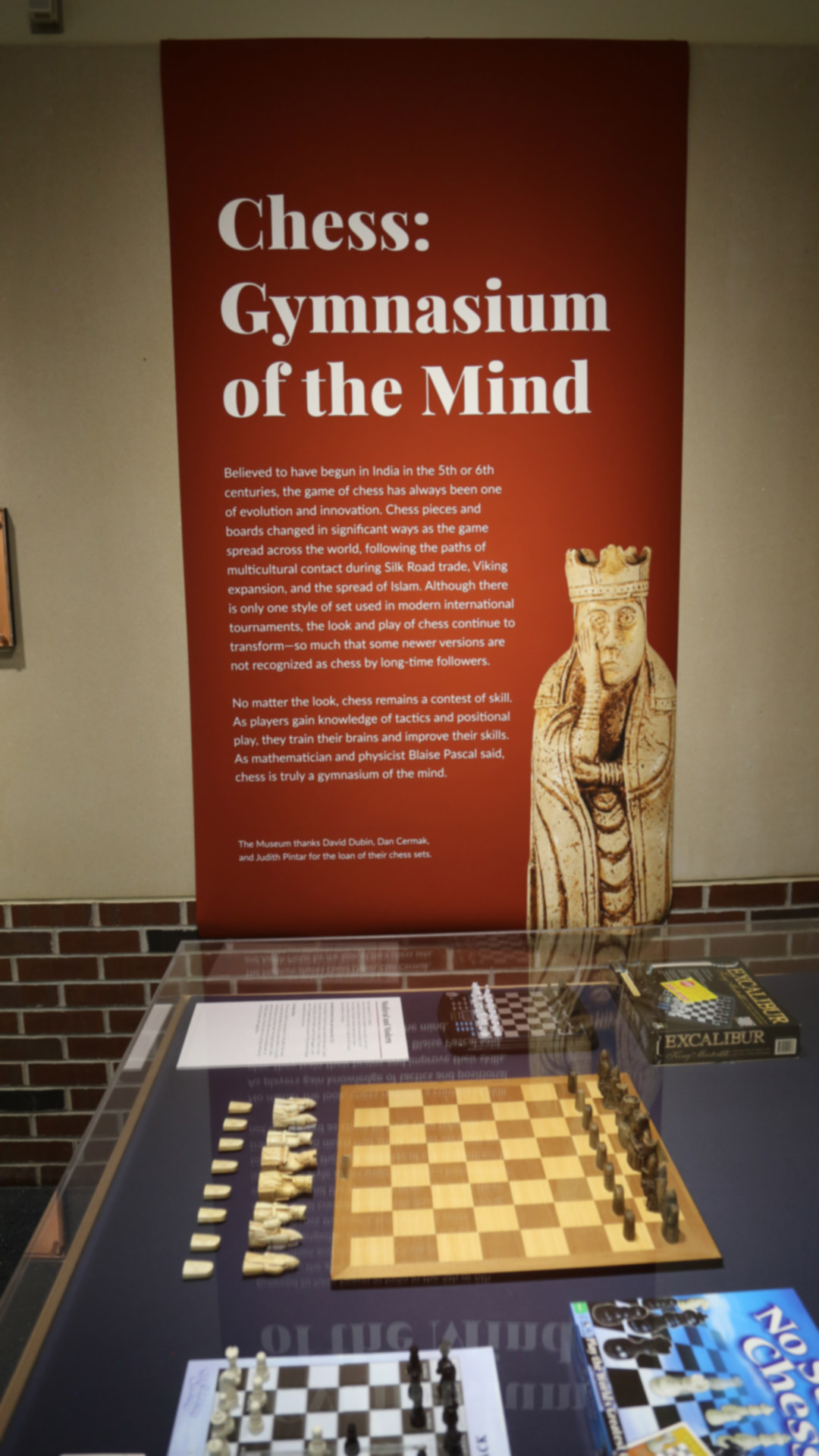 text panel with the name of the exhibit on it, reading 'chess: gymnasium of the mind' with background info over the first display case