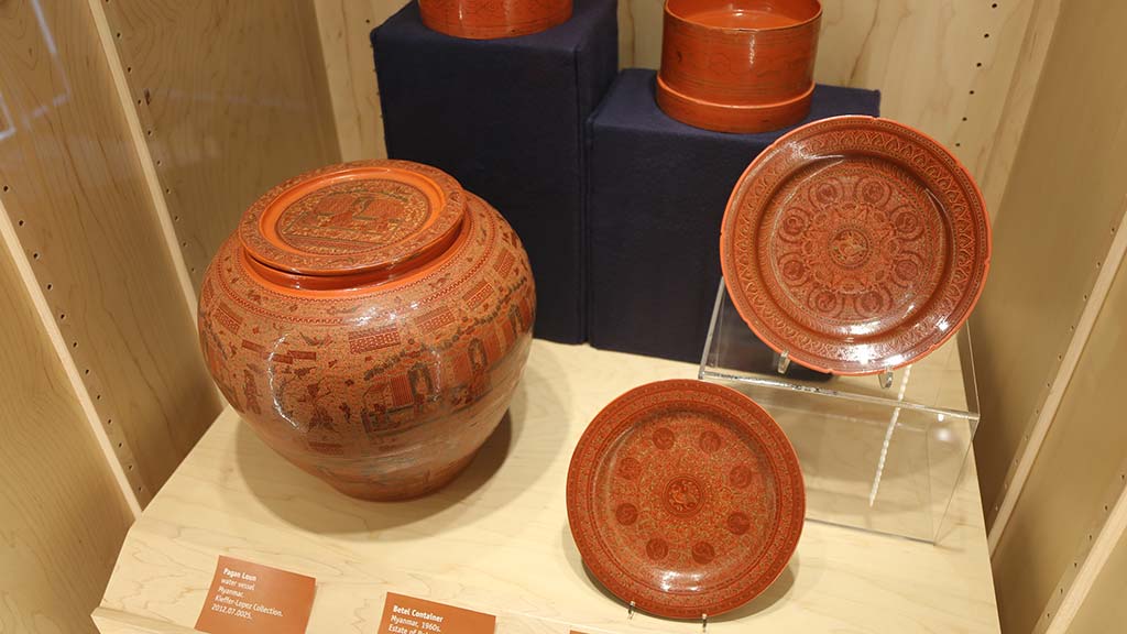red orange plates and large pot-like container