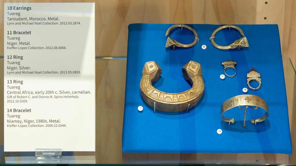 A close-up of various tuareg rings and bracelets