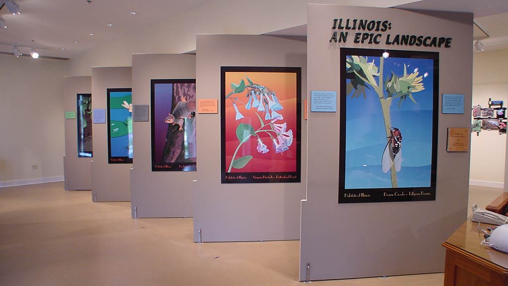 'ilinois: an epic landscape' heading with large photos of plants on the walls