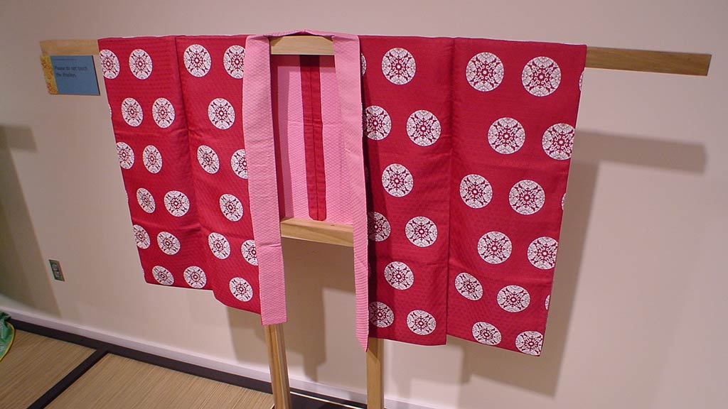 red kimono with round patterns