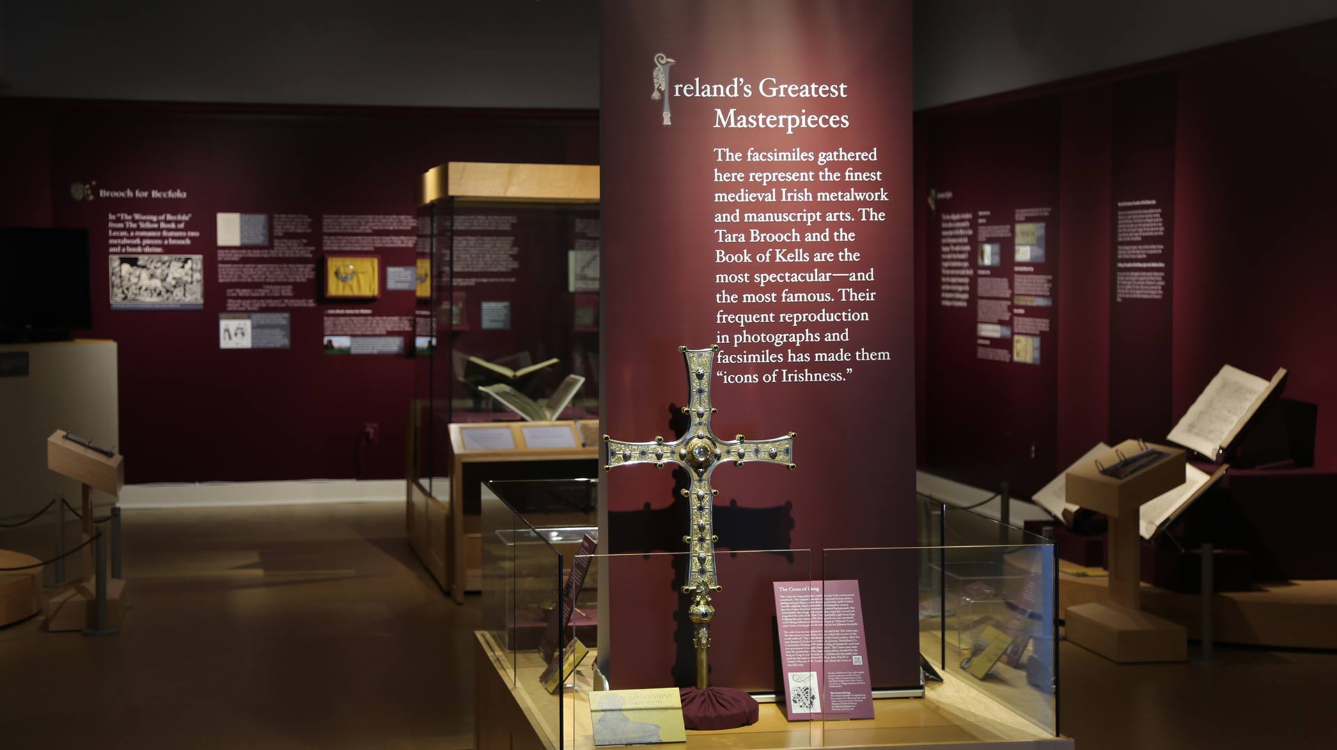 gallery view front view, large poster with the Cross of the Cong, with heading text reading 'ireland's greatest masterpieces'