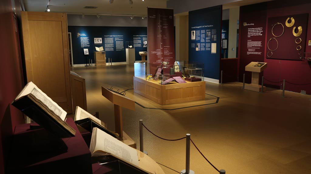 gallery view, books, navy blue walls...