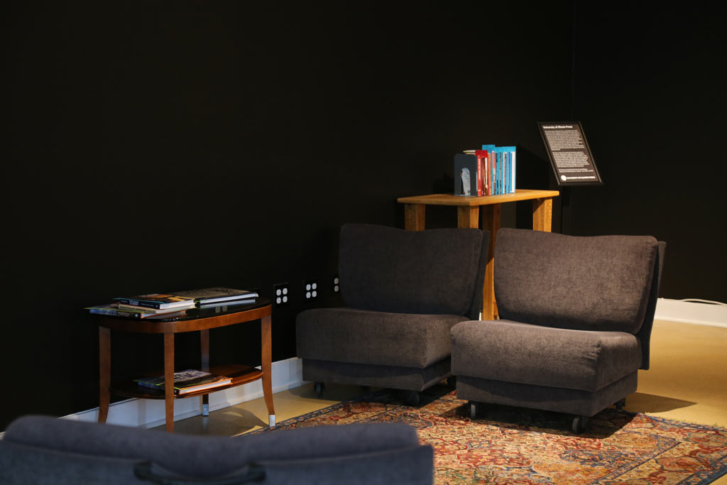 overview of seating area filled with books
