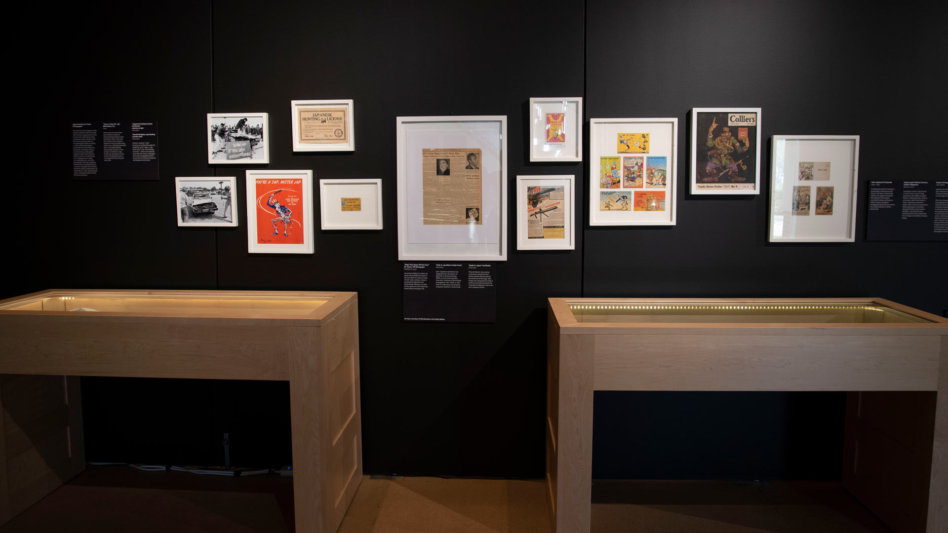 two display cases in front of wall of framed artifactss