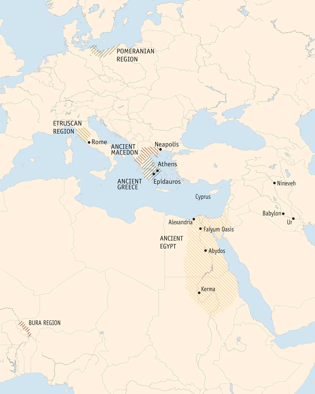 Map of the regions metioned in the exhibit, many around the Mediterranean Sea