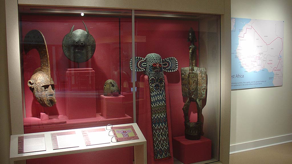 display case of masks of varying sizes